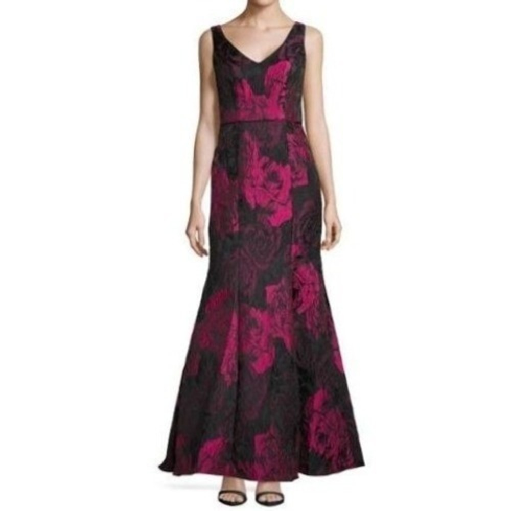 JS Collections Black Pink Rose Floral Maxi Long Dress‎ Ball Gown Size 4